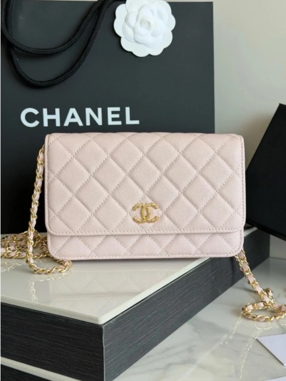 CHANEL Quilted Crossbody Bag in Blush Pink with Gold Hardware